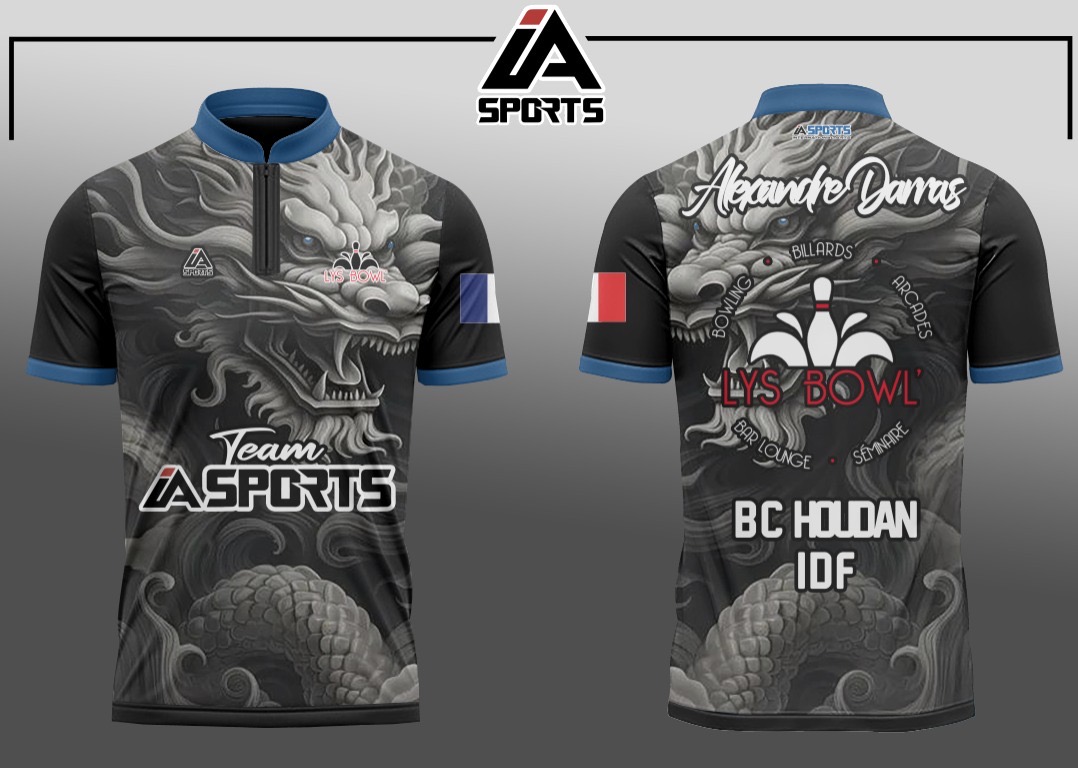 Maillot bowling personnalisé IA SPORTS — design dragon Lys Bowl', vues avant et arrière