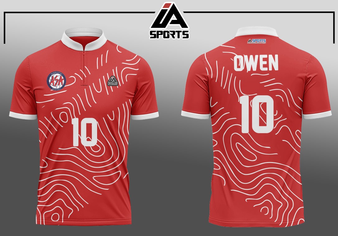 Maillot personnalisé IA SPORTS — design rouge lignes topographiques, floquage OWEN 10