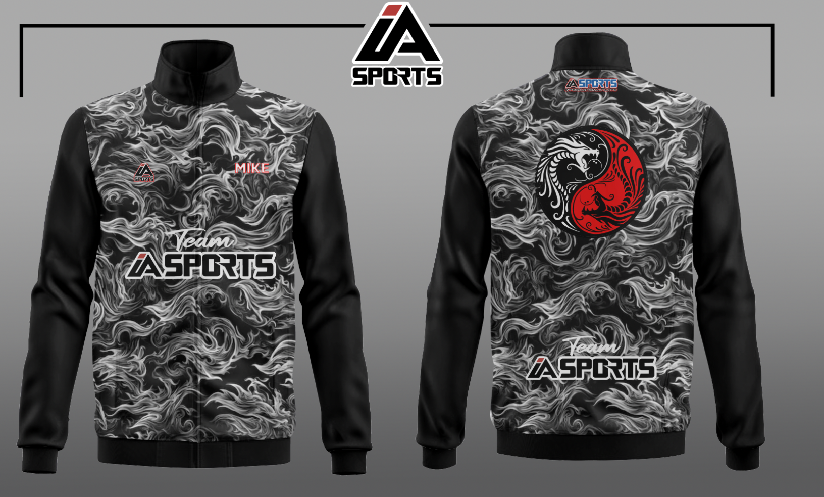 Veste personnalisée IA SPORTS — design fumée noir et blanc, dos yin yang dragon