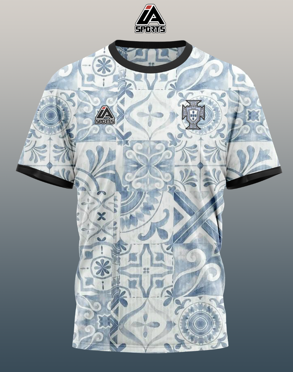 Maillot football personnalisé IA SPORTS — motif azulejos portugais bleu et blanc