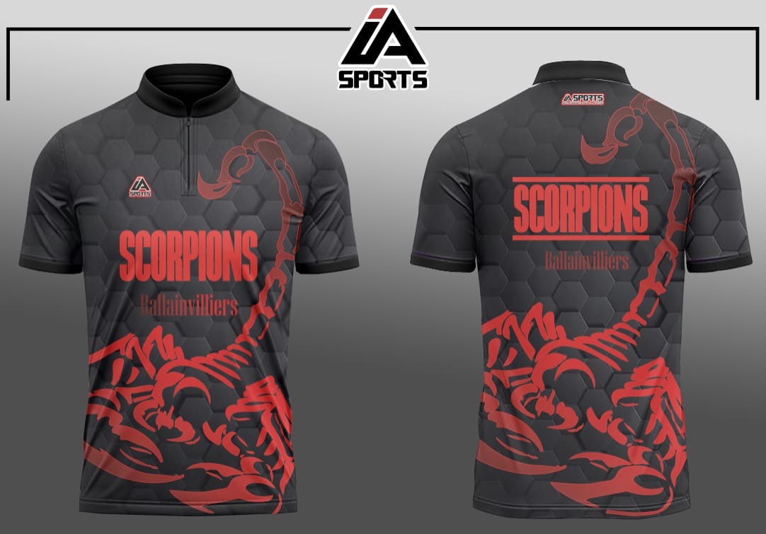 Maillot personnalisé IA SPORTS — design Scorpions Ballainvilliers noir et rouge