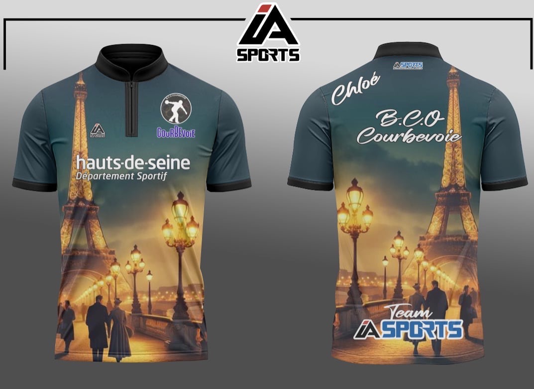 Maillot bowling personnalisé IA SPORTS — design Tour Eiffel B.C.O Courbevoie