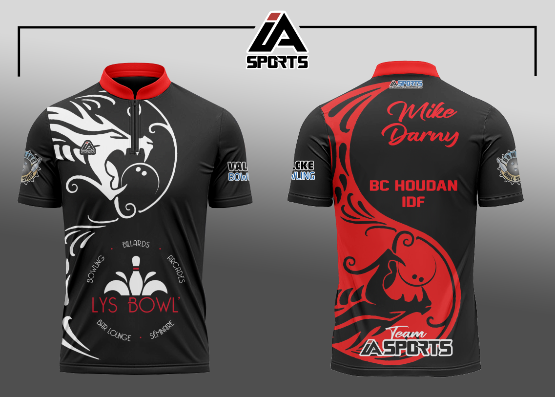 Maillot bowling personnalisé IA SPORTS — design Lys Bowl' noir, blanc et rouge